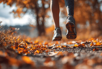Close-up of a runner's legs and feet in motion on an autumn trail with fallen leaves