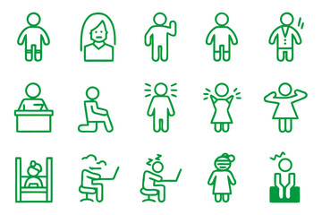 Collection of stylized line graphics representing dedication to work featuring concepts of productivity and professional commitment in a modern visual style