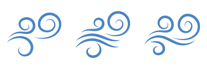 Wind blow line set in doodle style. Blue hand drawn wind swirls and gusts. Decorative breeze symbols for weather, nature, and climate designs. Vector illustration. EPS 10