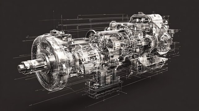 Detailed 3d wireframe rendering of a complex automotive engine assembly