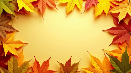 Fototapeta premium Colorful maple leaves border on vibrant yellow background, for autumn, Thanksgiving, and seasonal design themes
