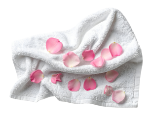 Soft white towel decorated with scattered pink rose petals for spa and wellness theme on isolated background