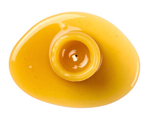 Top view of burned yellow candle with melted wax forming a round pool on isolated background