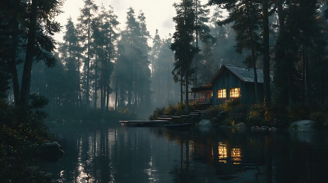 Cozy cabin nestled by a serene lake amidst a misty forest at dusk