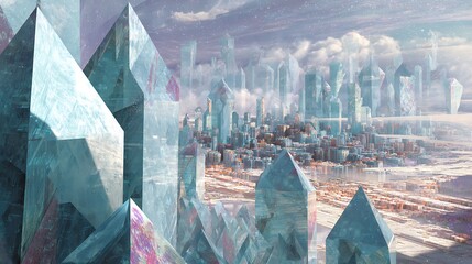 Enchanting crystal cityscape with towering ice formations and glowing lights