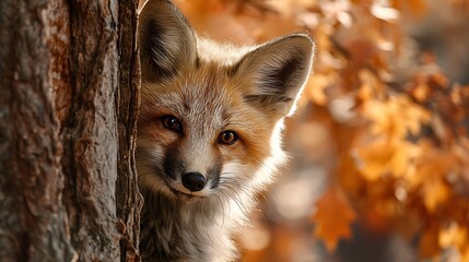 A clever red fox peeks out from behind a tree in autumn foliage