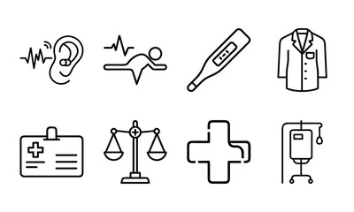 Obraz premium Medical Line Icons Collection – Doctor Coat, Thermometer, IV Drip, CPR, Hearing Test, Medical Ethics, ID Badge, and Healthcare Cross Symbols for Apps, Websites, and Infographics
