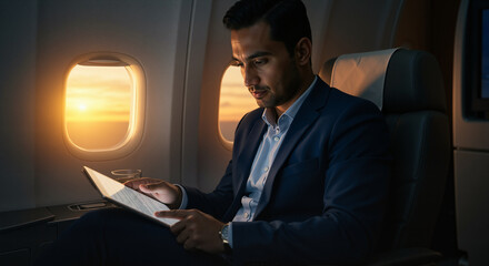 Successful businessman working diligently on his laptop during a flight while enjoying the sunset view outside the airplane window representing corporate travel and productivity