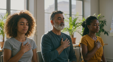 Diverse group meditating indoors with eyes closed, hands on chest, in a calm, sunlit room with plants. Concept of mindfulness, wellness, and inner peace.