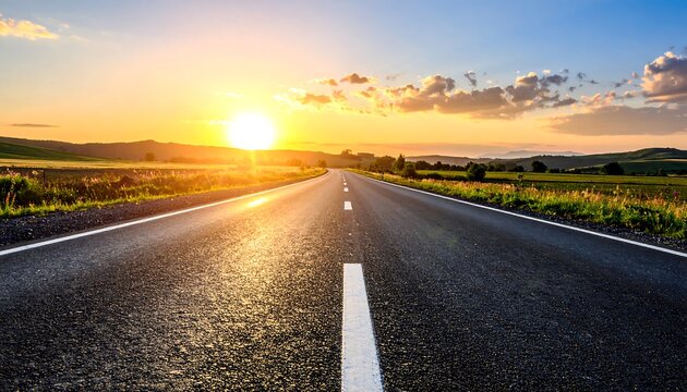 Open road at sunset over rolling hills