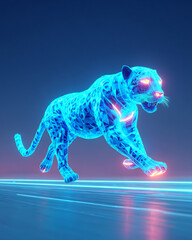 3D digital artwork of glowing jaguar sprinting across digital landscape