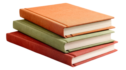 Three colorful hardback books are stacked.