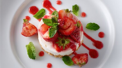 deconstructed strawberry cheesecake, modern plating, top-down angle on white background