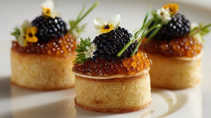 caviar and blinis, fine details, elegant arrangement on white surface