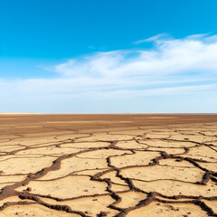 Naklejka premium Degraded Soil Concept, Expansive Barren Landscape with Wind-Swept Plains and Visible Topsoil Loss Underneath Clear Blue Sky