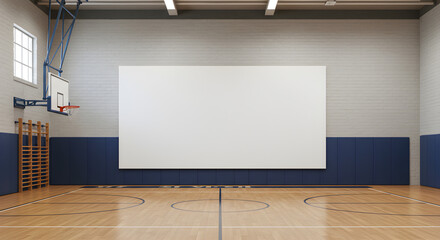 Empty basketball gymnasium with a large blank projection screen.