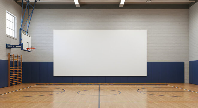 Empty basketball gymnasium with a large blank projection screen.