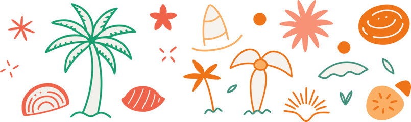 Hand-drawn Tropical Summer Illustration: Palm Trees, Flowers, and Sun,  Warm Color Palette,  Playful Vibe.