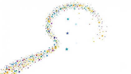 Whimsical trail of vibrant star confetti on a pristine white backdrop