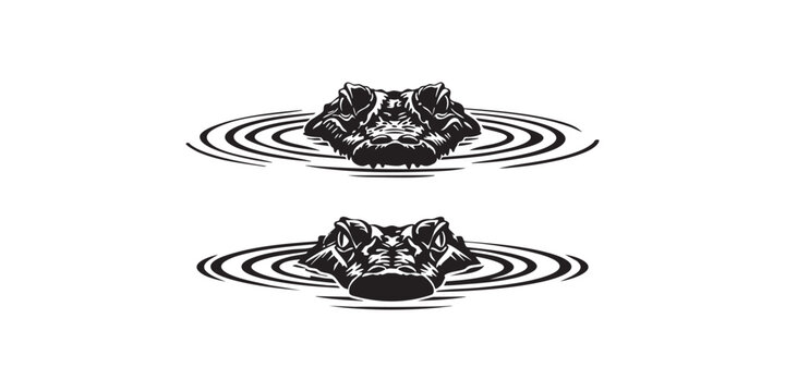 Alligator vector illustration in water, black and white alligator head drawing