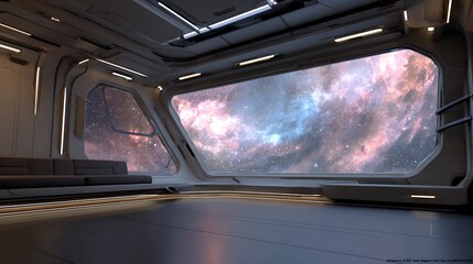 Futuristic spaceship interior with a stunning panoramic view of a colorful nebula