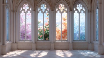 Naklejka premium Four magnificent and vibrant stained glass windows illuminate the sacred interior of the magnificent Gothic cathedral.