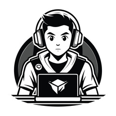 Focused Gamer Illustration A Black and White Esports Design with Headphones Computer and Drinks ready for Competition or Streaming
