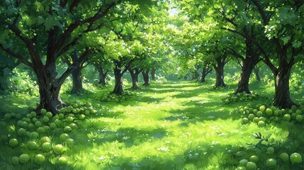 An ancient orchard with gnarled fruit trees and a dominant old tree on the left casting soft shadows