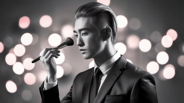Portrait of elegant man applying makeup with brush in monochromatic tone