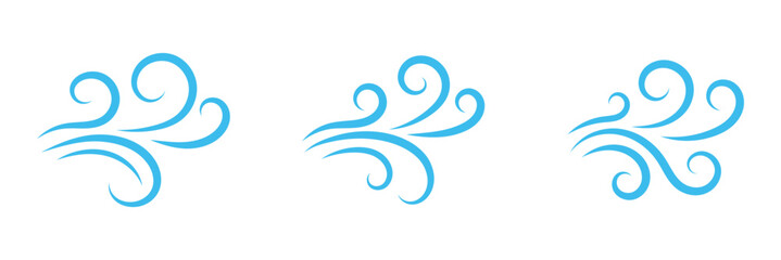 Wind line set. Blue hand drawn wind swirls and gusts. Decorative breeze symbols for weather, nature, and climate designs. Vector illustration isolated on white background