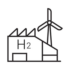 Outline icon of a hydrogen production factory plant with editable stroke, representing industrial-scale fuel processing.