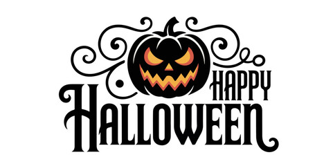 “Happy Halloween” typography with pumpkin, bats, and spider web — perfect for festive greeting cards, party invitations, or seasonal decorations.