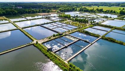 Aerial perspective of aquaculture farm showcasing symmetrical ponds reflecting sky