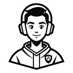 Focused Gamer Illustration A Black and White Esports Design with Headphones Computer and Drinks ready for Competition or Streaming