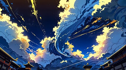 Fototapeta premium Chinese temple with clouds in the sky. Vector illustration. 
