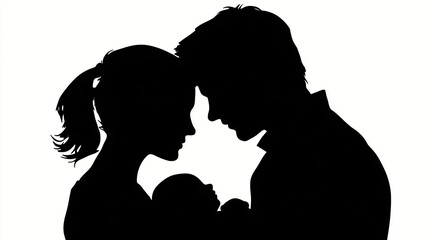 Silhouette of a couple lovingly embracing a newborn baby; intimacy and affection conveyed in simple form
