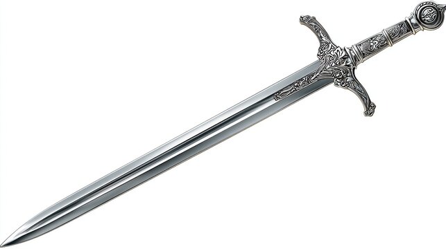 Ornate silver sword with decorative hilt and pommel against a white backdrop - Powered by Adobe