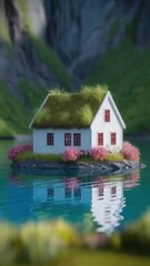 Obraz premium Idyllic island home with grass roof and pink flowers reflected on water