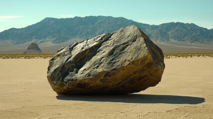 An expansive salt flat shimmering under a clear sky with a lone rock formation