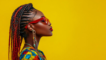 An eye-catching banner set against a bright yellow background features a black woman with braided hair, wearing vibrant African clothing and red glasses.