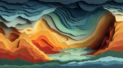 Layered Landscape Unveils Textured Topography. Artistic paper cut style for web design, marketing, editorial use.