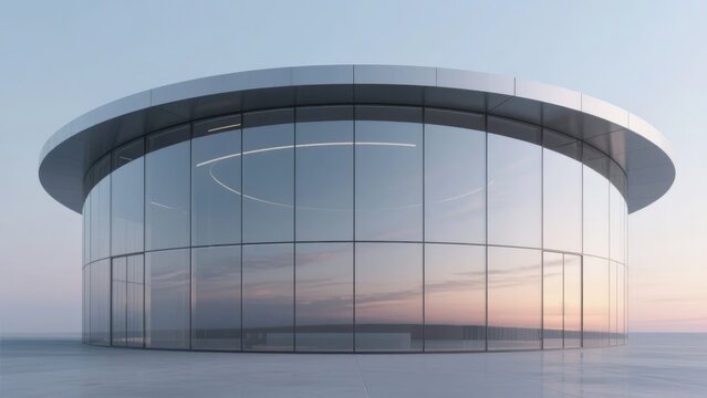 Modern Curved Glass Building with Reflective Facade at Sunset - Powered by Adobe