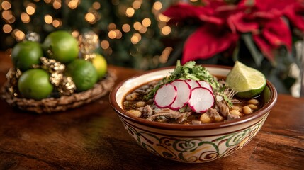 Fototapeta premium Steaming bowl of pozole with fresh garnishes, set against a rustic table with holiday decorations.