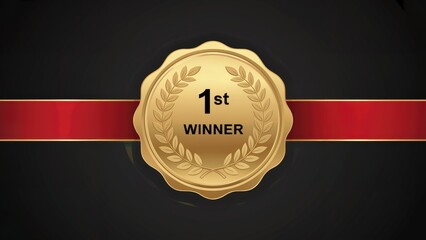 Celebrate victory with this elegant gold 1st place winner medal and red ribbon award