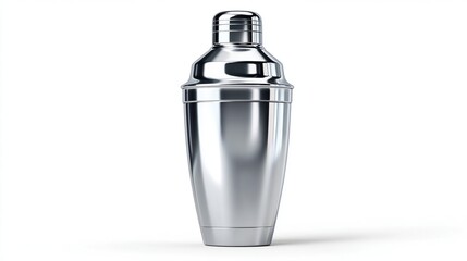 Shiny silver cocktail shaker standing upright on a white background with strong reflections