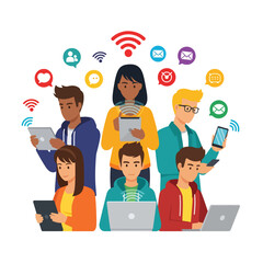 Diverse group of people engaged in various digital activities, surrounded by social media and communication icons, highlighting modern technology use.