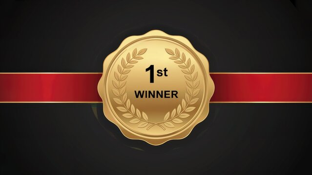 Celebrate victory with this elegant gold 1st place winner medal and red ribbon award