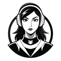 Monochromatic Gamer Girl Avatar Vector Illustration a Focused Young Woman Playing on Her Laptop with Headphones On and Logo at the Screen