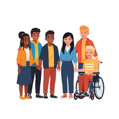 Fototapeta premium A diverse group of young people, including a boy in a wheelchair, stand together smiling.