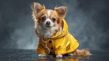 A small brown and white Chihuahua wearing a bright yellow raincoat sits on a reflective surface. The background is dark and moody, enhancing the dog's features.